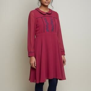 ModCloth Burgundy Long Sleeve Fit Flare Dress Peter Pan Collar Embroidery L 38"